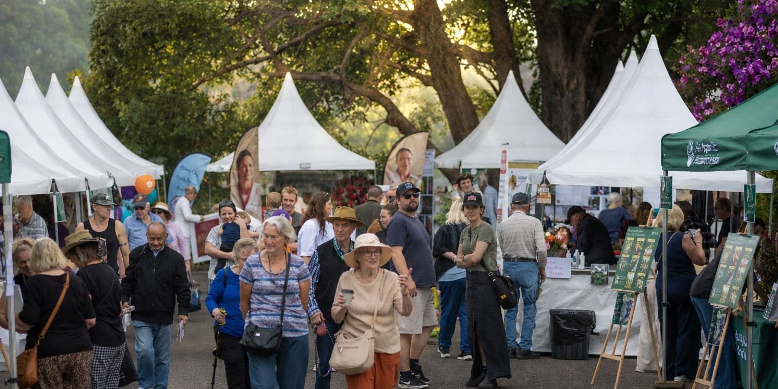 A bustling outdoor market features people exploring various white-tented stalls. Lush green trees and purple flowers create a vibrant, lively atmosphere.