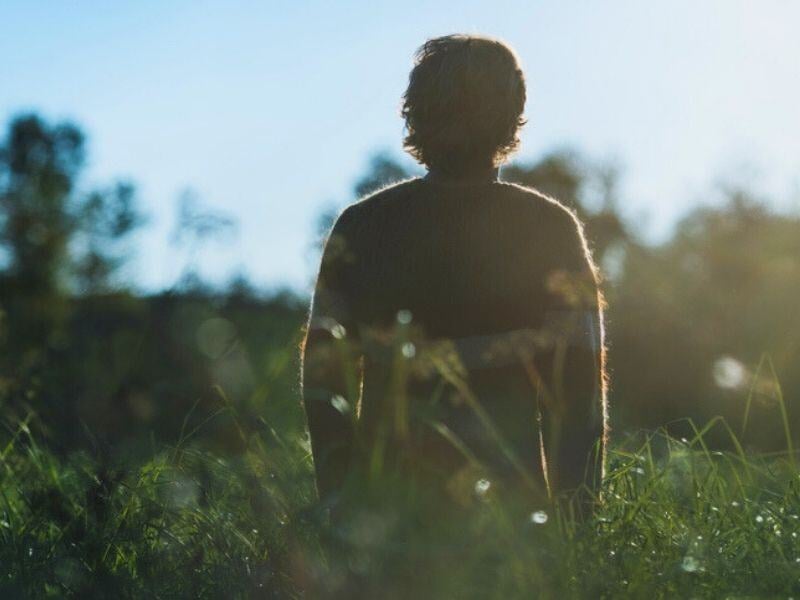 A person stands in a sunlit field, facing away amidst tall grass. The sun shines brightly, creating a serene, contemplative atmosphere.