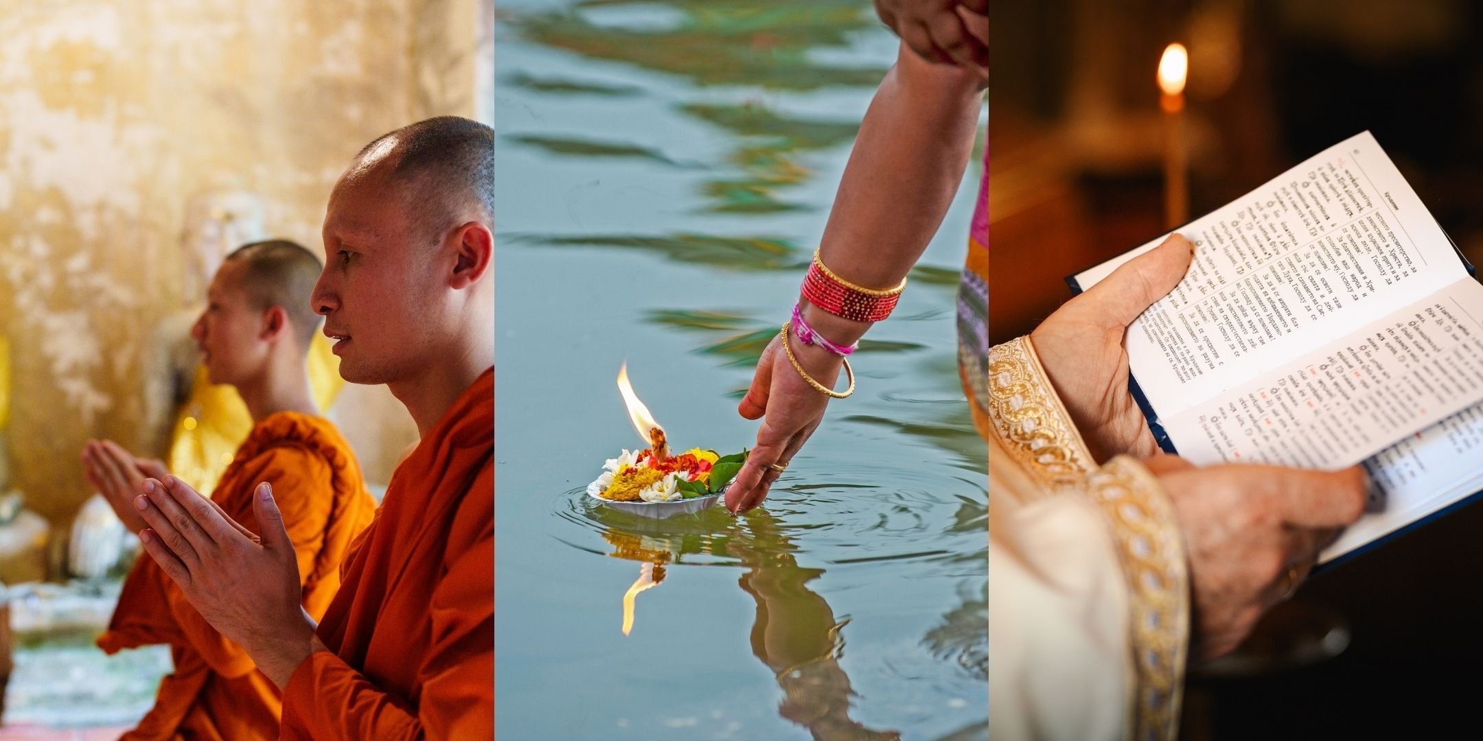 A collage of three vibrant cultural images including hindu, buddhism and coptic orthodox.