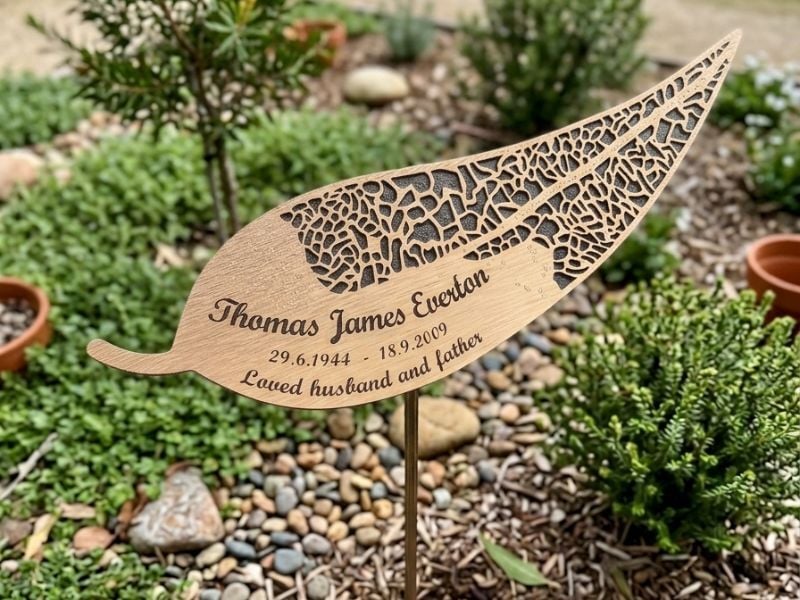 Bronze memorial plaque in leaf shape with dates and loving tribute, set in a serene garden.