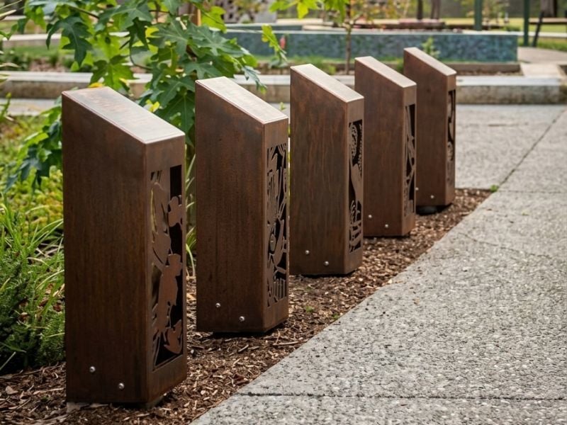 A row of five antique copper stainless steel memorial with intricate cut-out designs stands on a mulch bed beside a concrete path in a garden setting.
