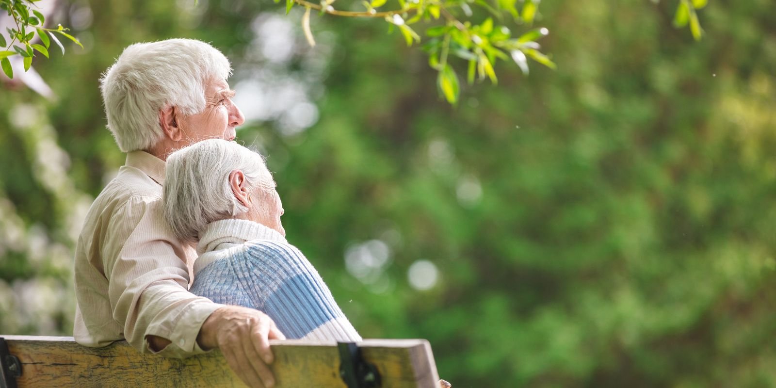 Elderly couple sits closely on a wooden bench in a lush green park, exuding warmth and tranquility under dappled sunlight with leafy branches above.