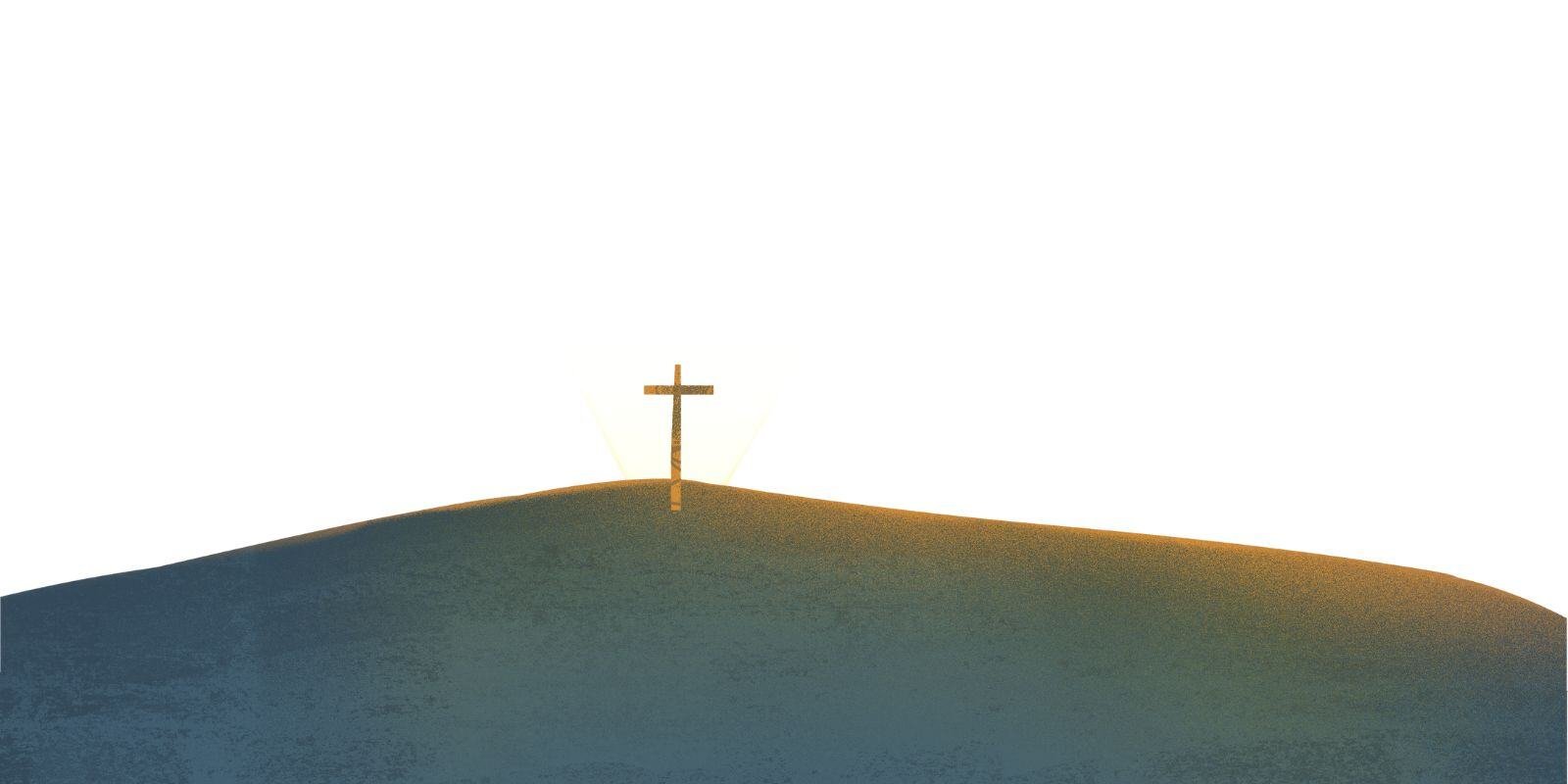 Illustration of a cross on a hill with a radiant glow, symbolizing resurrection. Text reads "Syrian Orthodox Easter" above.