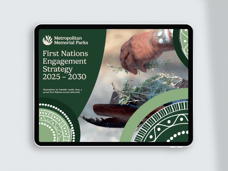 Tablet displaying "Metropolitan Memorial Parks First Nations Engagement Strategy 2025–2030," featuring an Indigenous hand holding herbs. Green decorative elements emphasise cultural connection.