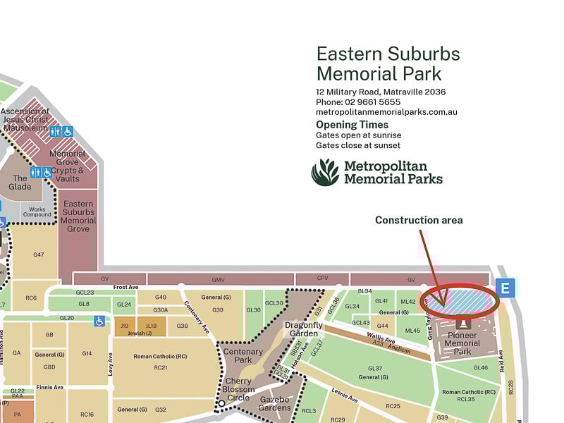 Map of Eastern Suburbs Memorial Park highlighting the construction area near Pioneer Park with a red circle and arrow for emphasis