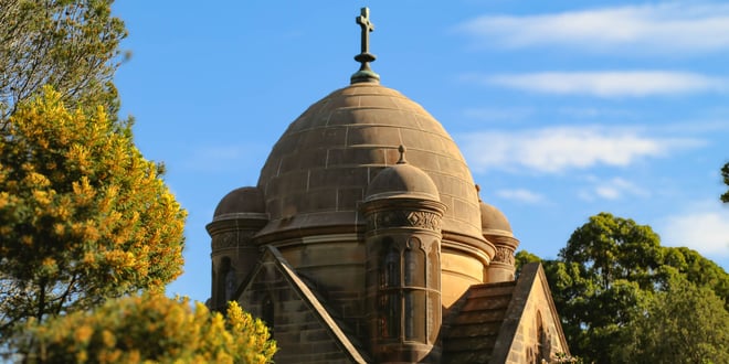 Iconic Frazer Mausoleum in Rookwood General Cemetery stands tall surrounded by lush greenery