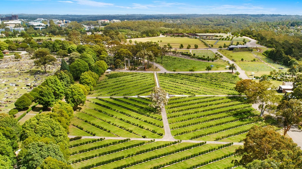 Beautiful aerial shot of the Macquarie Park Cemetery and Creamtorium, with lush vibrant green grass and trees