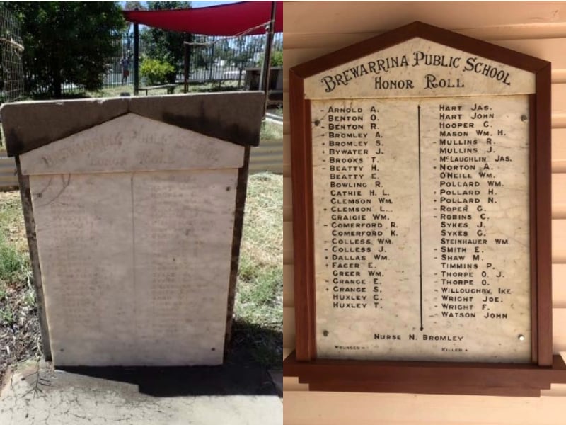 Two side-by-side images of honor rolls. The left features a weathered stone monument with faint text. The right displays a restored honor roll with clear names listed under "Brewarrina Public School Honor Roll."
