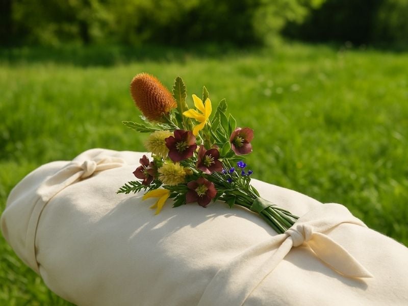 Vibrant green grass surrounds a shrouded body, with cotton cloth and vibrant flowers lay on top.