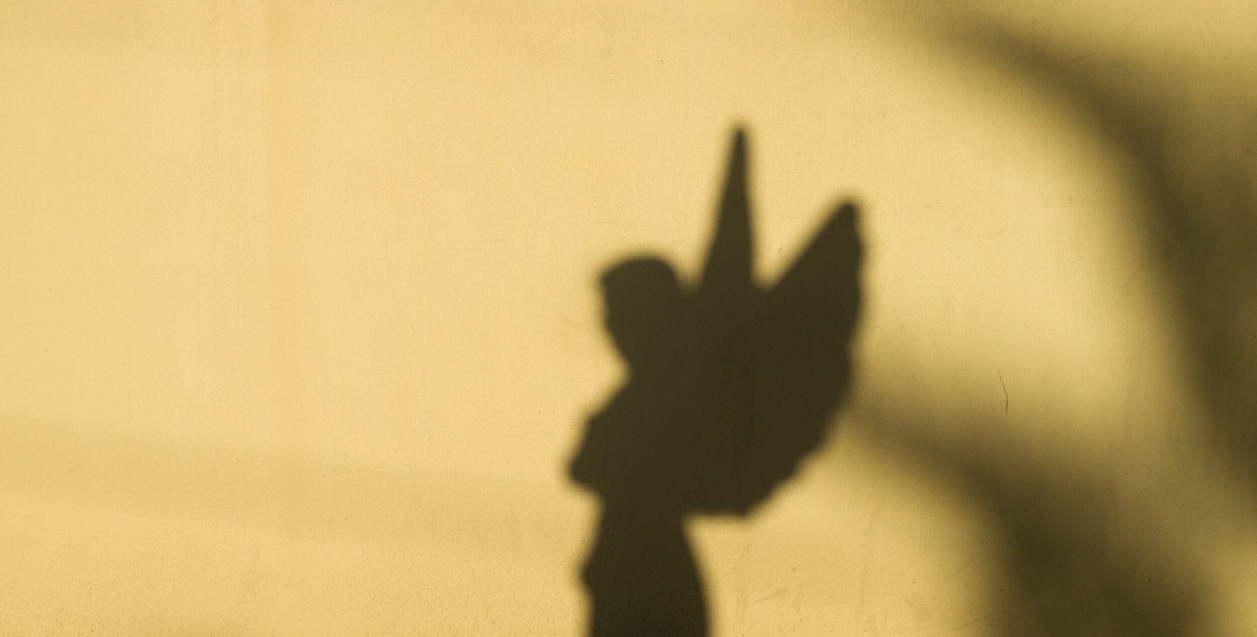 Shadow of an angel statue on a yellow wall