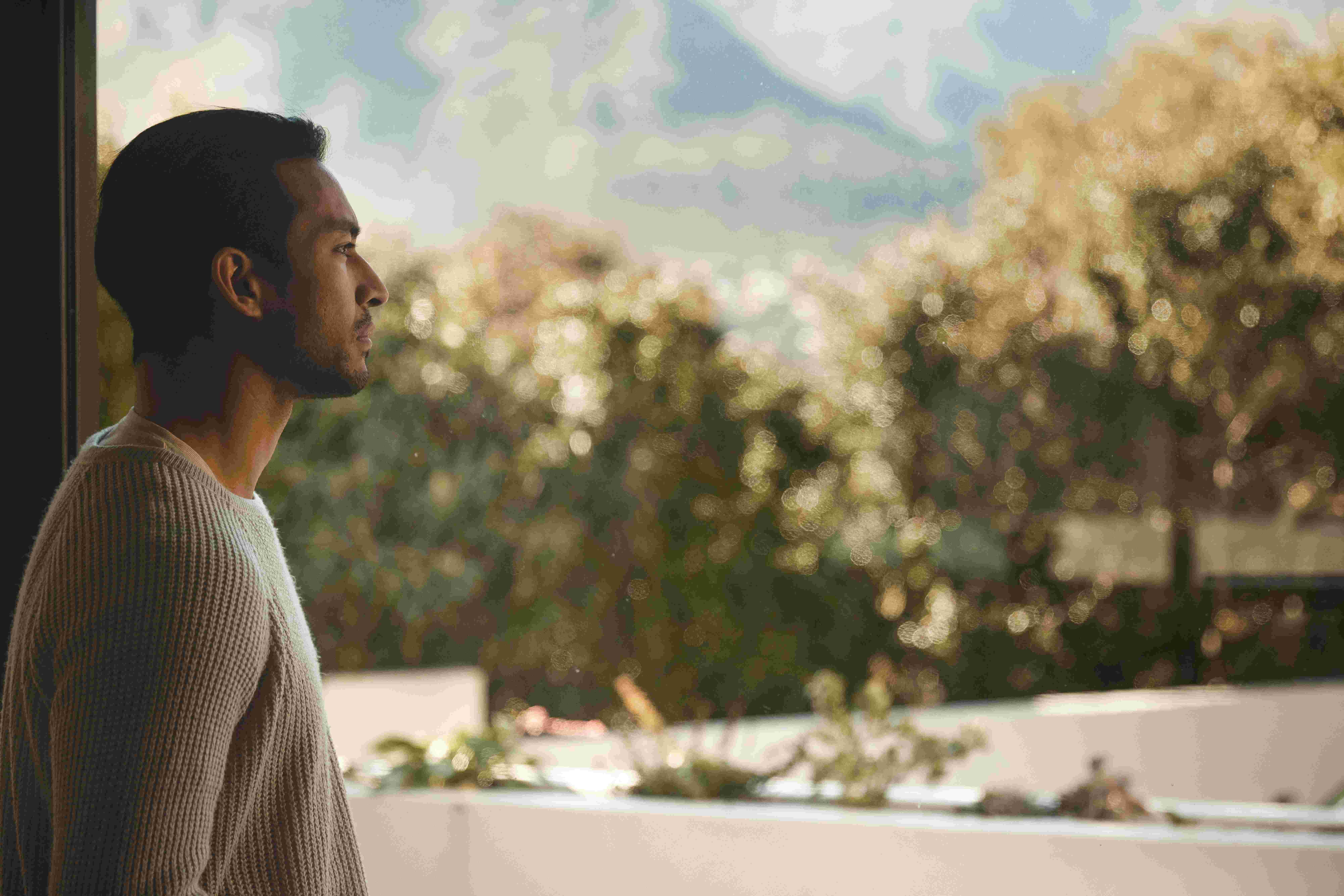 A man standing indoors, looking out through a window. The background shows trees and mountains under a partly cloudy sky. The person is wearing a light-colored sweater.